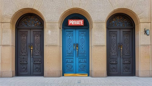 3 doors and the middle door has a sign private