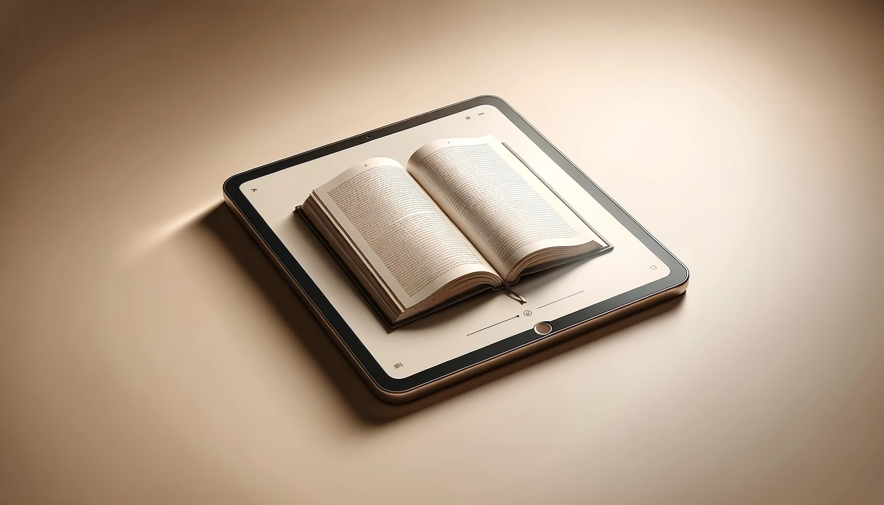 DALL·E 2023-10-29 22.49.21 - Photo, 800x600_ A minimalist and modern image. On a calm, neutral background, an elegant digital tablet displays an open book. The book exudes profess