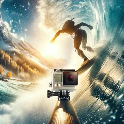 extreme sport like surfing or mountain biking, seen through a first-person perspective, indicating the use of a GoPro 